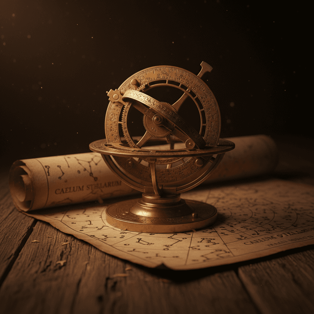 Antique brass astrolabe on parchment star chart