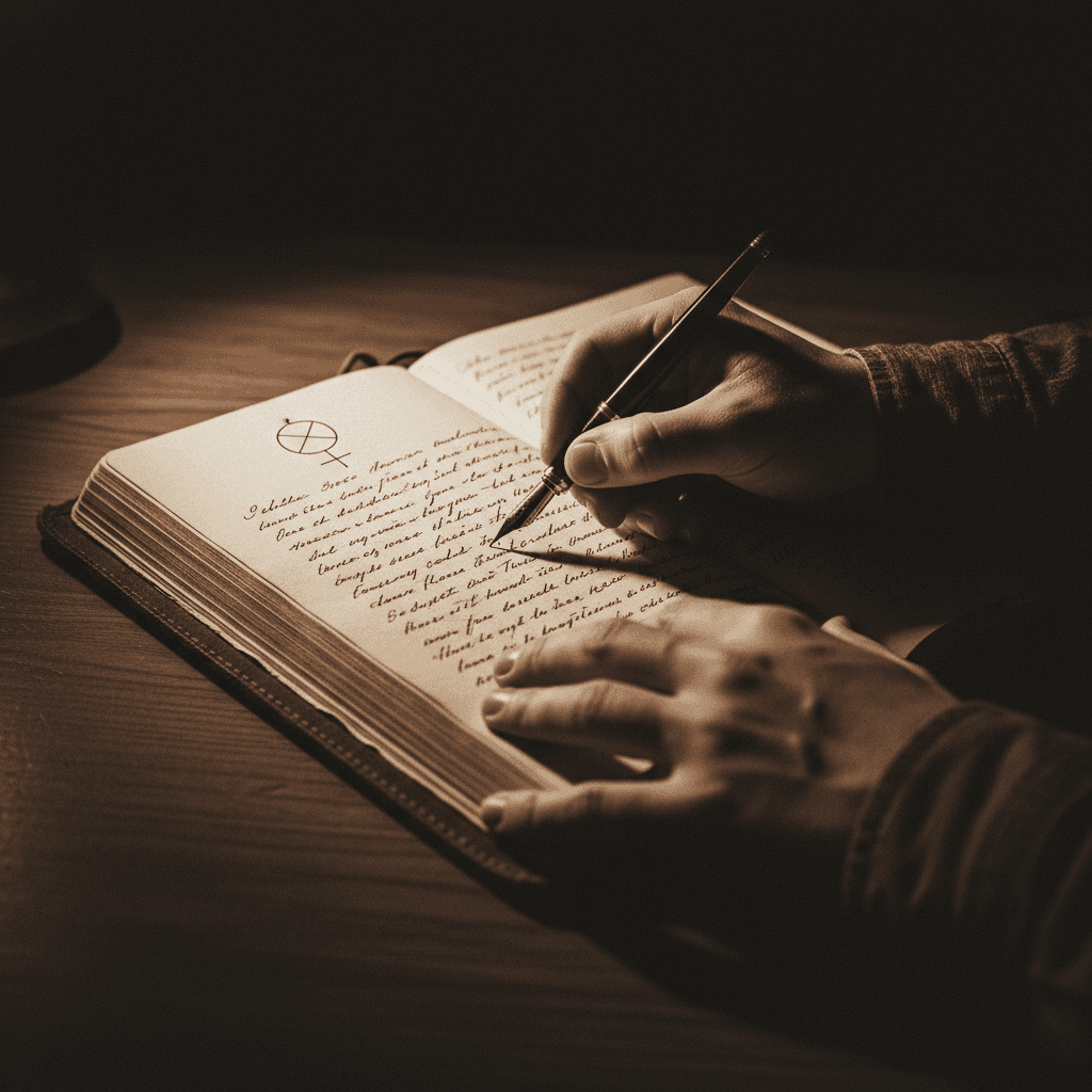 Hand writing in leather journal with fountain pen