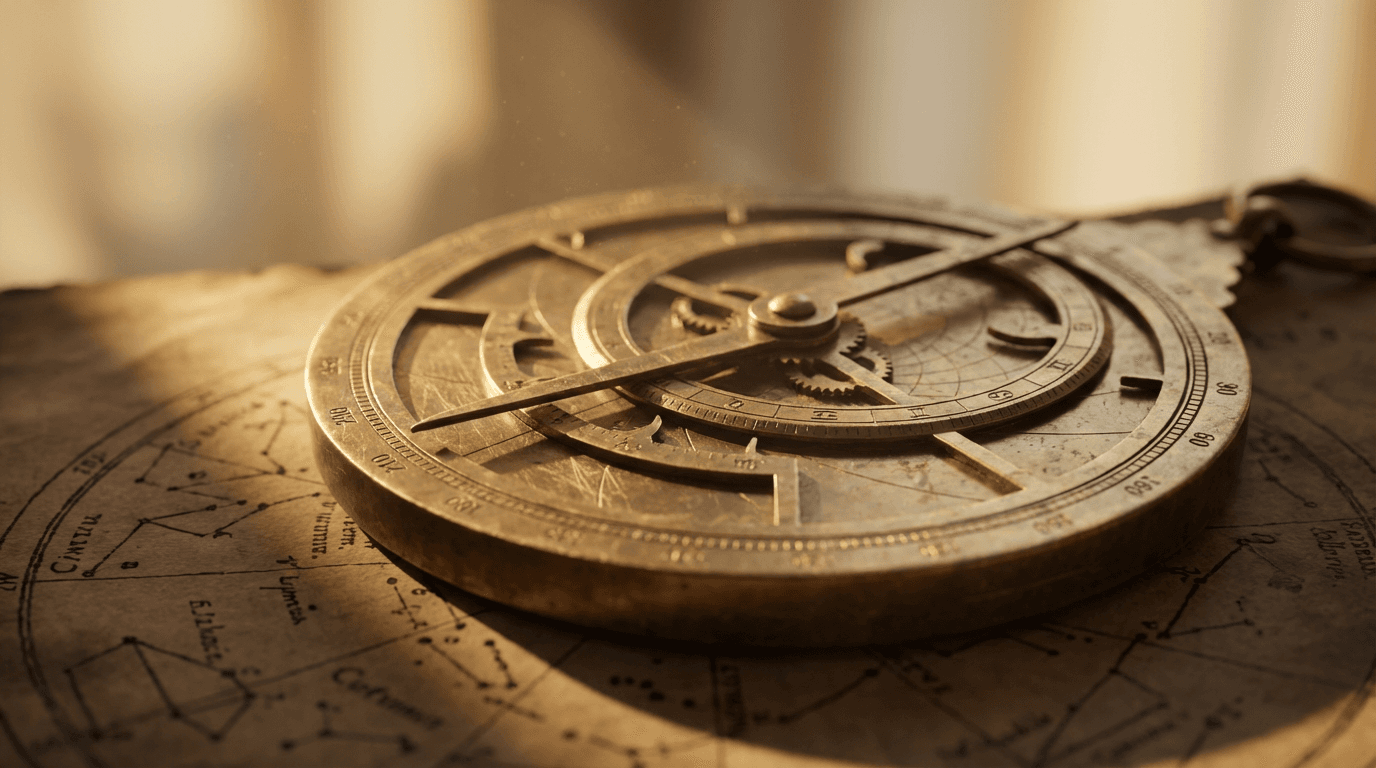 Ornate brass astrolabe with constellation markings on aged parchment, warm golden light creating long shadows across mechanical details.